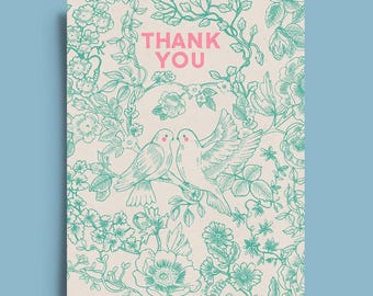 Vintage Style Bird & Floral Thank You Card: Hand drawn Coquette Style - Optional Personalisation