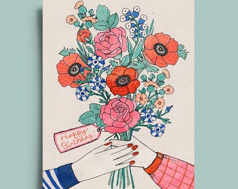 Floral Bouquet Greeting Card: Original Illustration, Kraft Envelope, Add Personal Message