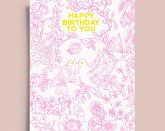Vintage Style Bird & Floral Birthday Card: Coquette Style - Optional Personalisation