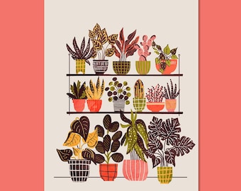 Kunstprint van kamerplanten: retro mid-century modern stijl (digitale download)