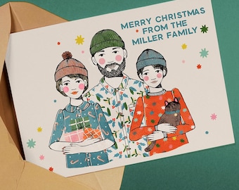 Custom Family Christmas Card Portrait: Retro Holiday Illustration (Digital Portrait)