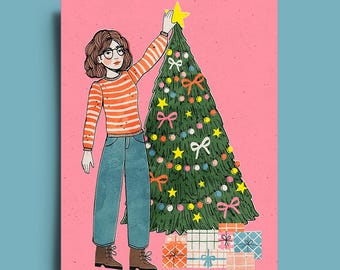 Personalized Christmas Tree Cards: Hanging Up Christmas Ornaments Greeting, Pack of 10, Holiday Illustration