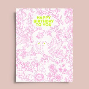Vintage Style Vogel und Gartenblumen Karte | Alles Gute zum Geburtstag Karte | Kokette Rosa | Blumen Grußkarte Geschenk | Optionale Personalisierung