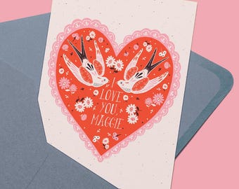 Personalized Valentine's Day Card: Retro Heart Bird Print