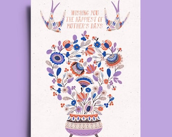 Scandinavian Floral Mother's Day Card: Retro Folk Art Bouquet