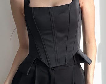 Custom Handmade Black Corset Top  - Wide Straps and Lace-up Back, Structured Minimalist Bustier | Elegant Evening