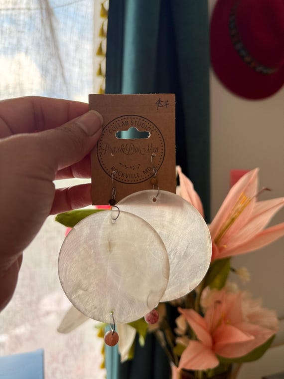 Philippine Capiz Shell Statement Earrings w/ Gemstones - Circle