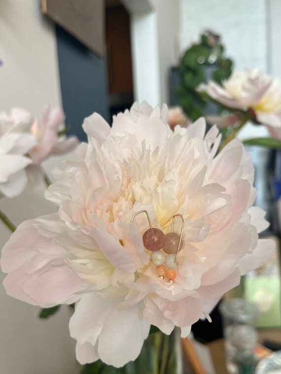 Lover Strawberry Quartz+Amazonite+Jasper on Gold Brass Finish Earrings