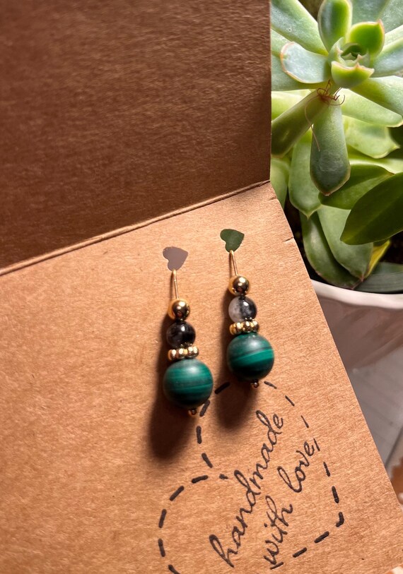 2024 Year of The Dragon Matte Green Malachite & Golden Obsidian/Rutilized Black Quartz Holiday Earrings