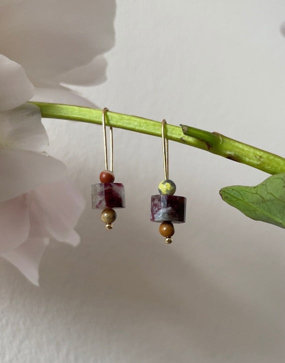 Magenta Tourmaline Quartz Rondelles on Gold Finish Brass Dangle Earrings
