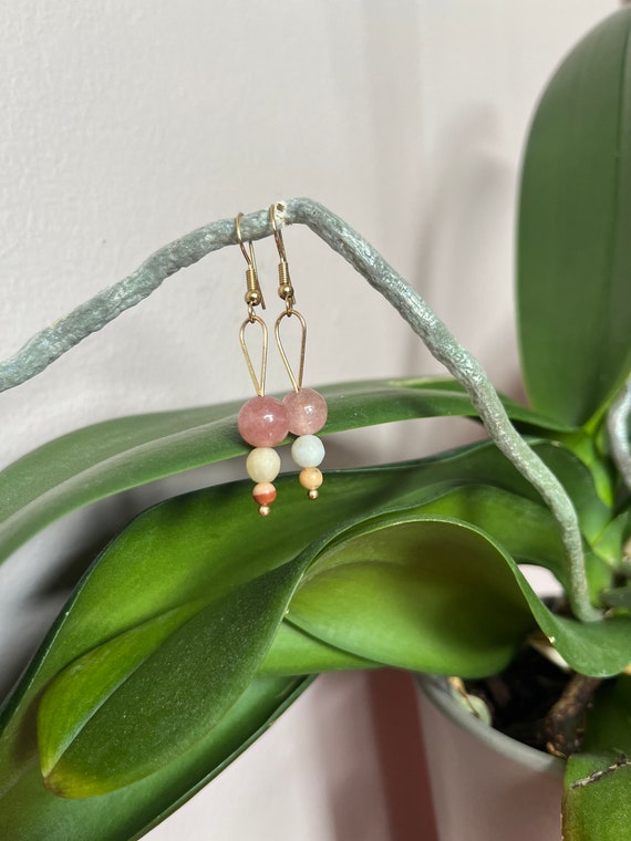 Romantic Strawberry Quartz, Amazonite, Jasper Gemstone Earrings: Gold Finish Brass