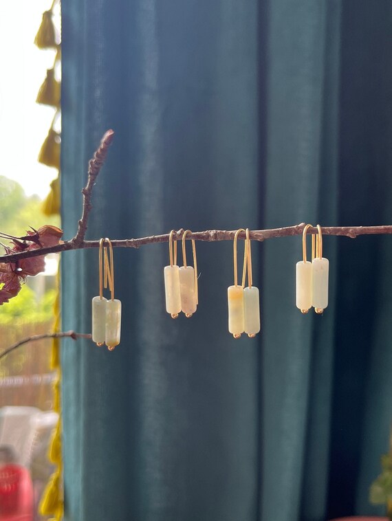 Amazonite Mini Cylinder ~ Gemstone Dangling Earrings on Nickel Free Brass in Yellow Gold Finish