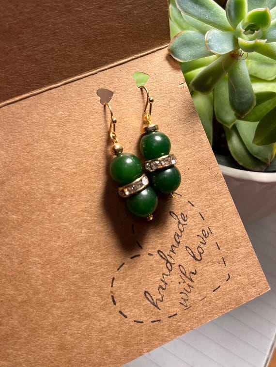 18K Lucky Green Jade Beaded Gold Plated Earrings