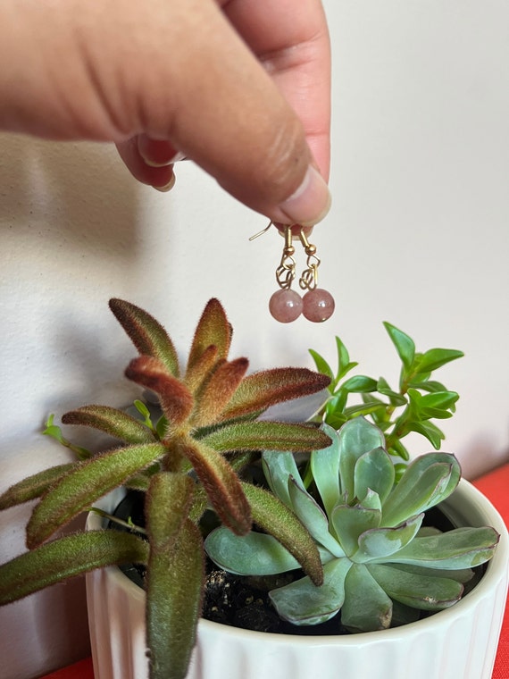 Loop-Ti-Loop Strawberry Quartz Dangling Earrings on Gold Finish Nickel Free Brass