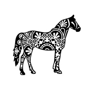 May include: Black and white silhouette of a horse with intricate mandala-like patterns throughout the body.