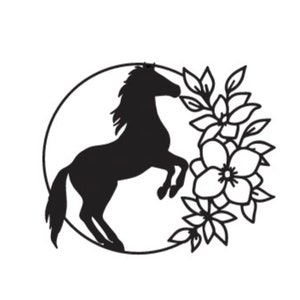 May include: A black silhouette of a horse rearing up in a circle with white flowers and leaves around it.