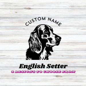 Naklejka na samochód z seterem angielskim; winylowa naklejka na psa na samochód, do budy, miski, okna, pudełka lub dowolnej płaskiej powierzchni; spersonalizowana naklejka z imieniem psa