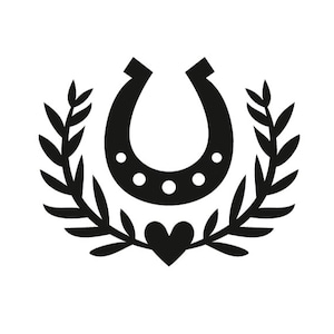 May include: Black and white illustration of a horseshoe with a heart and a wreath of leaves.