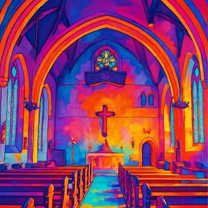 Colorful Gothic Church Interior Poster – Vibrant Abstract Chapel Wall Art, Stained Glass Effect Architecture Print, Spiritual Home Decor