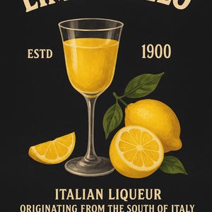 Vintage Limoncello Geschichte Wand Kunst Druck - Retro Italienische Küchen Dekor, Cocktail Poster, 1900s Digestivo, Zitronengetränk, Dunkel, Illustration