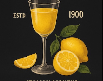 Vintage Limoncello History Wall Art Print – Retro Italian Kitchen Decor, Cocktail Poster, 1900s Digestivo, Lemon drink, Dark,Illustration
