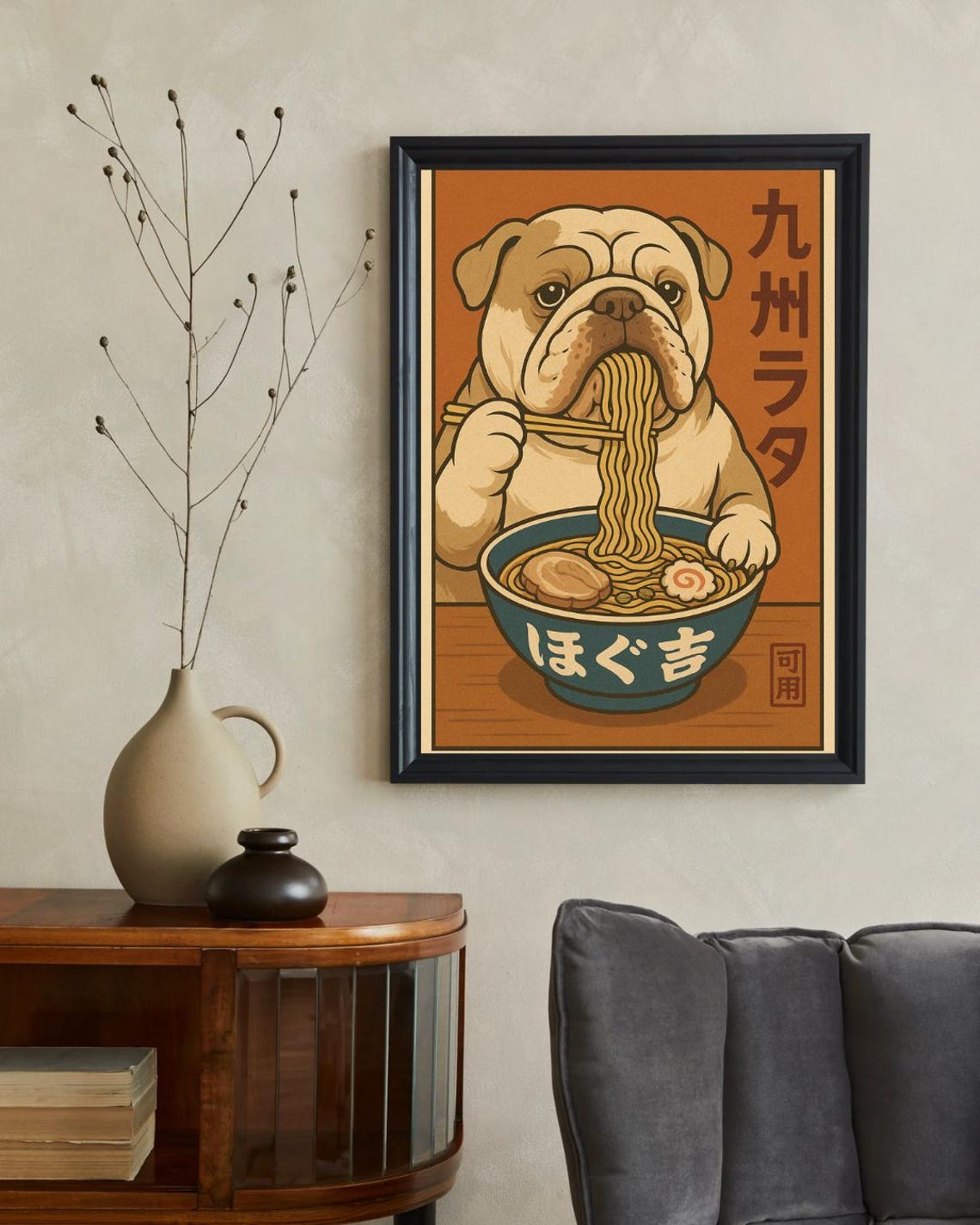 Bulldog Ramen Art Print – Vintage Japanese Style Dog Poster, Retro ...