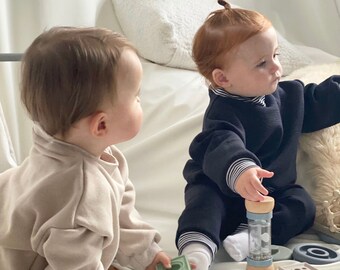 Handmade Baby Sweatshirt: Oatmeal Beige Oversized Jumper with Navy Stripe