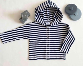 Kawa Handmade Unisex Lightweight Stripe Hooded Cardigan jacket for Baby/Toddler – Oversized, Long Sleeved. Navy and White, Stud Fastening