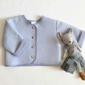 Kawa Quilted Neutral Jacket: Handmade Lightweight Outerwear - Blue/Grey. Fully Lined, Unisex Baby Toddler. Cotton, Popper Fastening