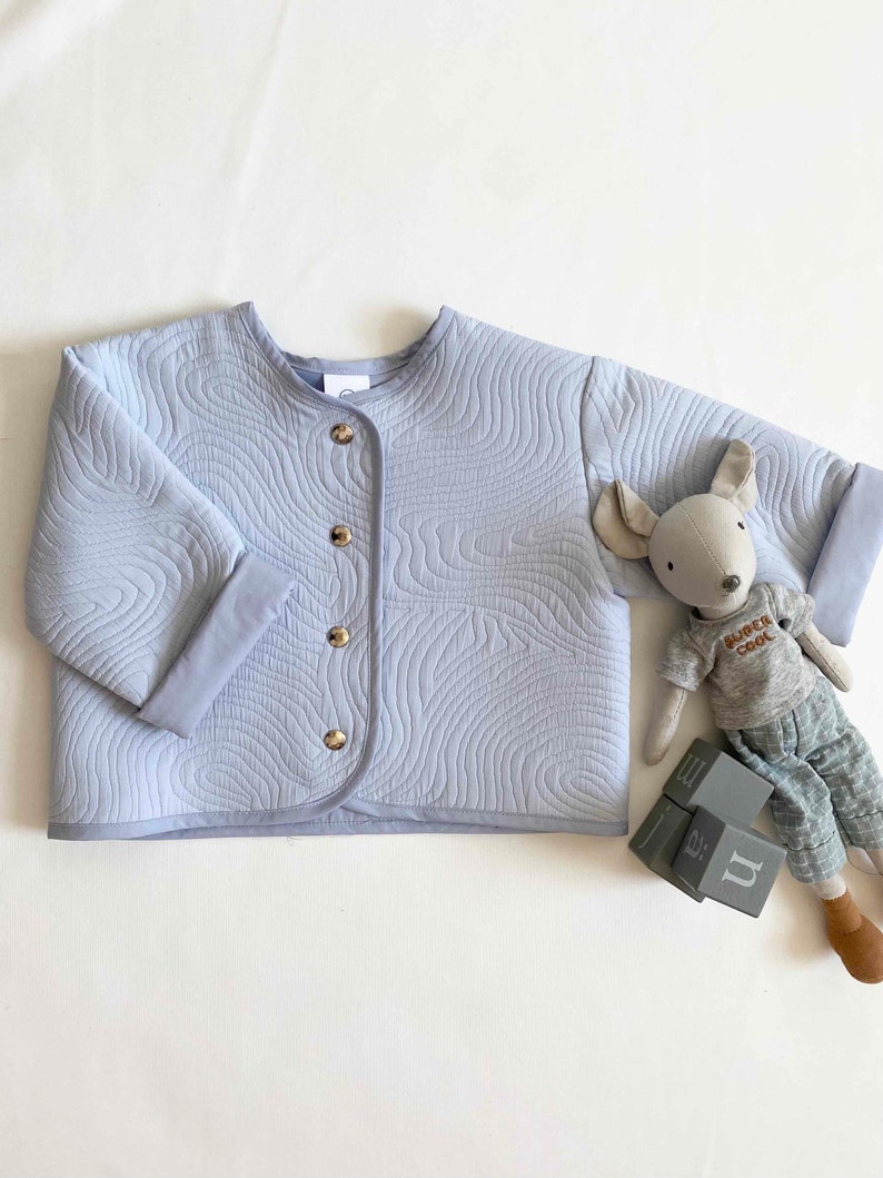 Kawa Quilted Neutral Jacket: Handmade Lightweight Outerwear - Blue/Grey. Fully Lined, Unisex Baby Toddler. Cotton, Popper Fastening