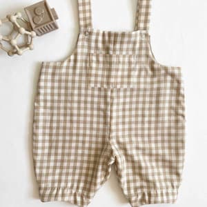 Kawa Handmade: Oversized Dungarees Romper - Baby Toddler Unisex Overalls - Neutral check Fully Lined - Shaped Hem - Pocket Detail