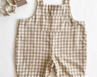 Kawa Handmade: Oversized Dungarees Romper - Baby Toddler Unisex Overalls - Neutral check Fully Lined - Shaped Hem - Pocket Detail