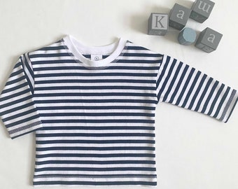 Kawa Handmade Long-Sleeved Stripe Top for Baby/Toddler – Oversized Boxy Fit, Casual Style Neck Rib, Unisex Navy/White Gender-Neutral t-shirt