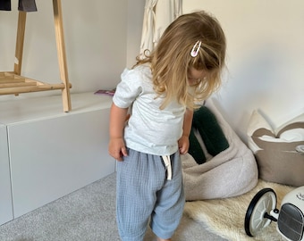 Handmade Blue Muslin Baby Trousers: Lightweight Drawstring Bloomers