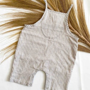 Kawa Handmade Stripe Oversized Linen Dungarees for Baby/Toddler – Unisex, Beige & White Romper Overall. Popper Fastening, Pocket Detail