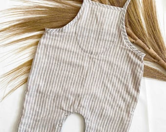 Kawa Handmade Stripe Oversized Linen Dungarees for Baby/Toddler – Unisex, Beige & White Romper Overall. Popper Fastening, Pocket Detail