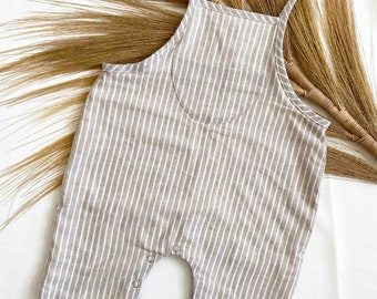 Handmade Stripe Linen Baby Dungarees: Unisex Romper Overall