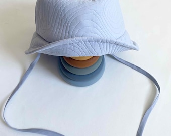 Kawa Handmade Quilted Baby Bucket Hat: Blue-Grey Tie Fastening