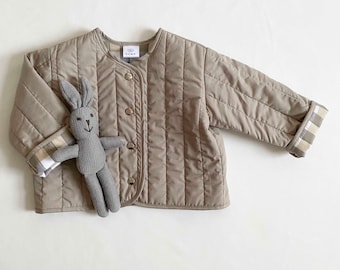 Kawa Quilted Neutral Jacket: Handmade Lightweight - Taupe Greige. Fully Lined, Unisex Baby Toddler. Contrast Check, Cotton, Popper Fastening