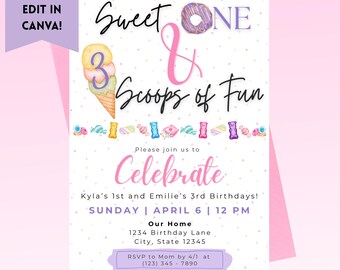 May include: A pink and white birthday party invitation with the text "Sweet One & 3 Scoops of Fun." The invitation includes an ice cream cone graphic and candy illustrations. The text "Instant Download Edit in Canva!" is also included.