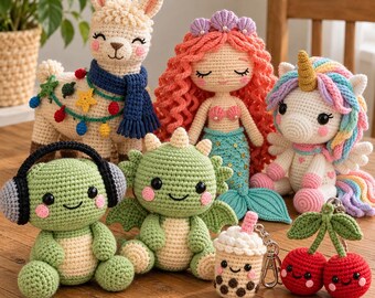7 Amigurumi Crochet Patterns Bundle – Cute Animals, Mermaid & Dragon PDF