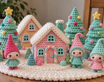 Pastel Christmas Village Crochet Pattern PDF | Whimsical Crochet Houses, Trees & Dolls | Christmas Amigurumi Decor