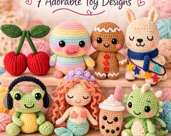 Amigurumi Crochet Toy Patterns Bundle | Frog, Dragon, Mermaid, Duck, Llama (PDF Download)
