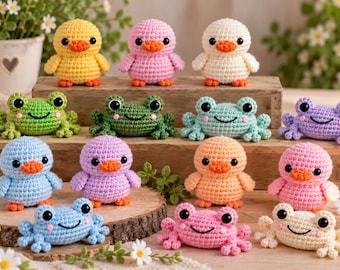 Mini Duck + Frog Crochet Pattern PDF, Cute Amigurumi Animals, Beginner Crochet Pattern, Tiny Frog & Duck, Digital Download