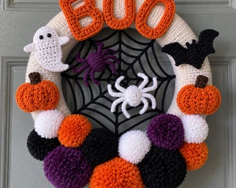 Halloween Wreath Crochet Pattern PDF | BOO Ghost Bat & Pumpkin Crochet Decorations