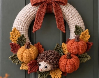Autumn Wreath Crochet Pattern PDF | Hedgehog Pumpkin & Leaf Crochet Decorations