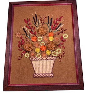 Vintage 1970 crewel yarn art floral &quot;Fall Bouquet” framed 23.5 x 29 USA made.