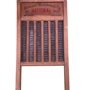 Vintage 1920’s wooden National Company Washboard - #701. Made in the USA. Memphis and Chicago both printed on the wood. Double sided signage