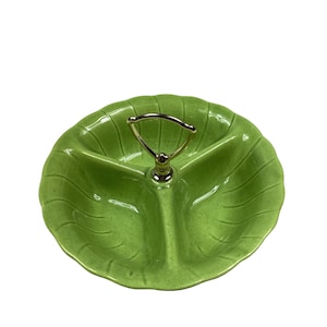 Vintage Green Ceramic Divided Dish - Van Nuys Relish Dish - Vintage Serving Plate 1960 - Made in USA. Lovely vintage three section ceramic