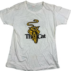 Vintage Yamaha the cat 70s single stitch T-shirt. RARE.  Double sided. BVD tag. Measures as a small. White and yellow. Yamaha racing